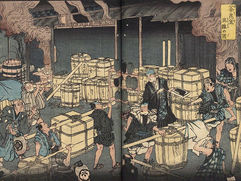 安政5年（1858年）のコレラ大流行による死者の棺桶で混雑する火葬場。『安政箇労痢流行記概略』