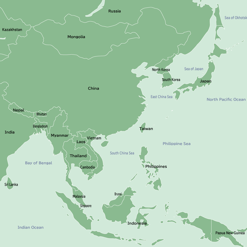 Simple map of East Southeast Asia in English