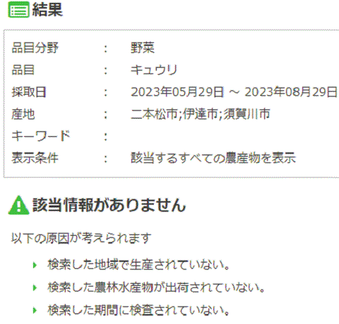 検査結果が出て来ない伊達、二本松、須賀川市産露地栽培キュウリ