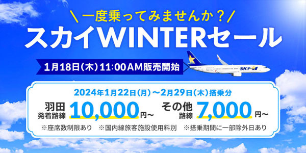スカイマークは、国内線が片道7,000円のセールを開催、羽田発着便は全路線片道10,000円！