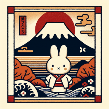 DALL·E 2023-12-29 11.02.57 - Rearrange the previous illustration of the Miffy picture book cover to resemble a woodblock print style. Keep the square format and the composition wi
