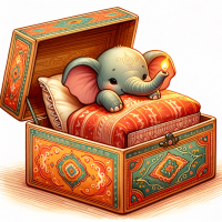 DALL·E 2024-01-14 05.02.08 - A tiny elephant using a small empty box, similar to an Indian matchbox, as a bedroom, illustrated in the style of a childrens storybook. The box shou
