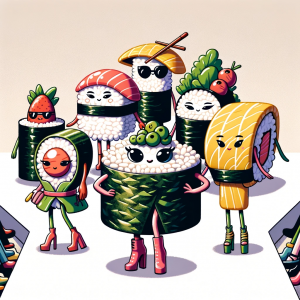 DALL·E 2024-01-16 05.16.50 - A whimsical illustration of sushi characters personified as fashion models. These characters should embody elements of sushi, like rice, seaweed, and 