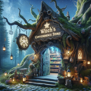DALL·E 2024-01-21 09.03.34 - Imagine a magical witchs convenience store. The store is nestled in an ancient, enchanted forest, with a whimsical, old-world design. The exterior is