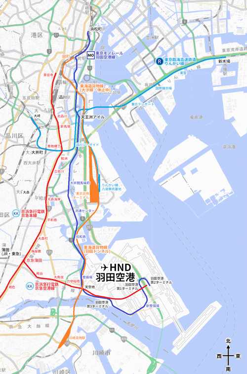 羽田空港と東海道貨物線（大汐線・羽田トンネル）の位置関係
