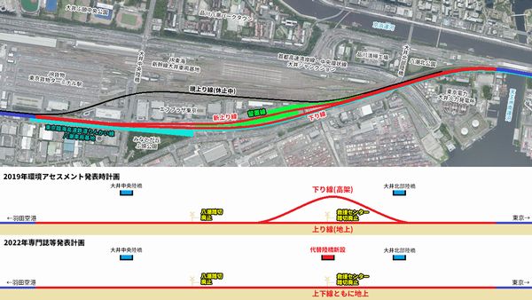 東京貨物ターミナル駅内改修区間の線路位置。上り線は現在よりも東側に移設し、上下線間には15両編成対応の留置線を新設する。救援センター踏切は2019年計画時下り線を高架化することになっていたが、2022年以降は道路側を陸橋化する計画に変更された。